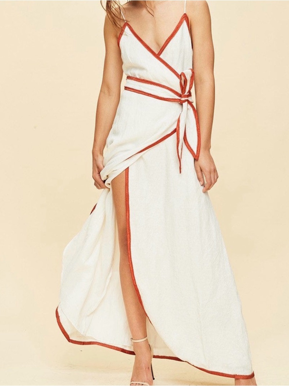 LPA Cream Maxi Wrap Dress with Rust Trim